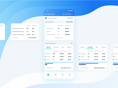 AdHawk iOS - Facebook Ads Conversions & User Segments account action ad analytics bar calendar call cta data data visualization demographic gradient location management product design segment tab ui user ux