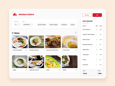 Resturant Billing Tablet App adobe xd billing booking app cafe clean app creative creative tablet ui design food list menu order food red color resturant billing seats table tablet app tablet ui user interface ux design visual design