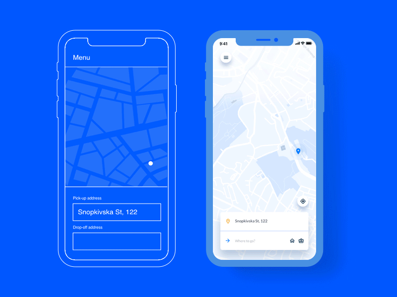 Wireframes vs Visual Design animation application gif interaction ios iphone loop mobile navigation principle taxi app ui deisgn ux visual design wireframe
