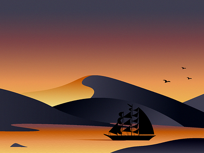 Sailing through a sunset animation art birds color design hill illustration illustrator illustrator art illustrator design mountain ocean sail sailboat sailing sketch sun sunset vector