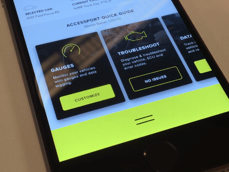 Mountune – Menu Interaction animation app car interaction menu mobile principle tuning ui user experience user interface ux