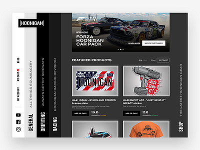 Hoonigan Shop car ecommerce featured hoonigan items minimalist racing shop shopping ui ux website
