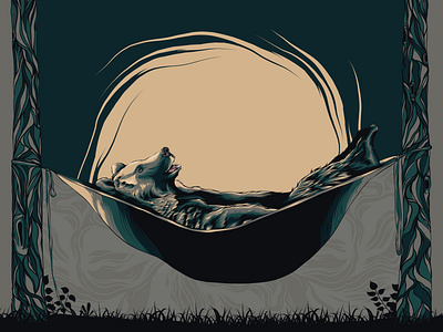 Grizzly at Ease animal animal art bear design grizzly grizzly bear hammock illustration poster art poster design posters relax sleeping sunset vector