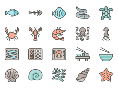 Fish And Sea Food Line Icons