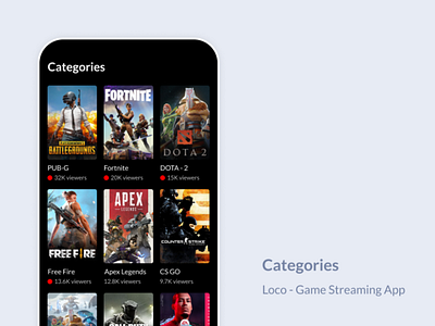 Categories Page for Loco - Game Streaming App app categories fortnite game streaming games live pubg ui