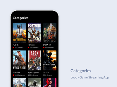 Categories Page for Loco - Game Streaming App