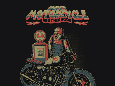 Super Motorcycle Brotherhood automotive cafe racer custom culture illustration mario bros old school poster retro super mario t shirt video game vintage