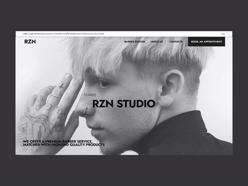 RZN Studio | Barbershop website barbershop brutalism concept design hair salon minimal monochrome ui uxui web design website