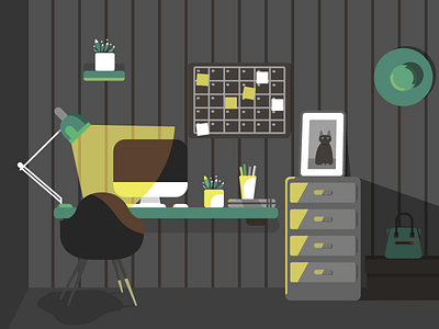 Lemon room apartment cat desk illustration imac night plan room