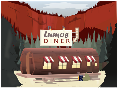Restaurant in the woods camp color design digital dinner drawing dribbble flat food illustration logo mountain red redesign concept restaurant sign typography vector window wood