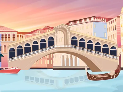 Venice Rialto Bridge boat branding bridge building canal color design designer drawing dribbble flat gondola illustration italy rialto river sky ui vector venice