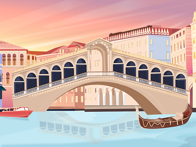 Venice Rialto Bridge boat branding bridge building canal color design designer drawing dribbble flat gondola illustration italy rialto river sky ui vector venice