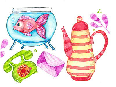 Some sketches fish handdraw illustration kettle old phone sketch telephone watercolor