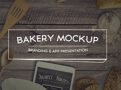 Bakery Mockup bakery branding bread breadroll cook flour glass ipad iphone mockup spoon wood