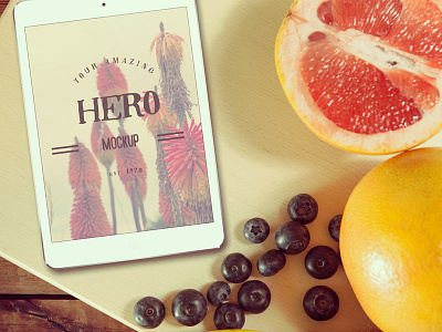 Fruits Hero Mockup app display food foodies fruit grapefruit header hero ipad iphone mockup wood