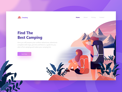 Camp - Camping Header Illustration beach camping clean couple friendly header illustration landing page mountain purple ui ui ux vector website