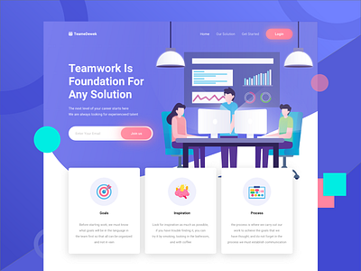 TeameDewek - Landing Page Exploration clean coworking space design exploration gradient header hero icon illustration landing page teamwork typography ui ux vector website