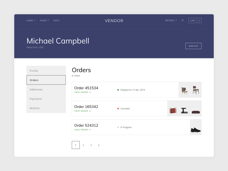 Profile Page - Orders bootstrap clean ecommerce minimal orders pagination profile shop shopify template typography vendor