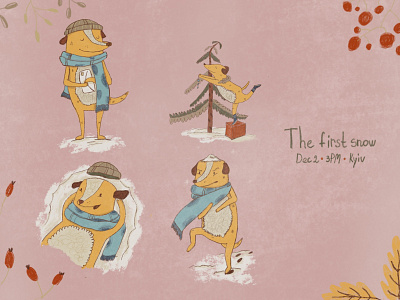The story about my dog and his feeling about the first snow character character illustration december dog illustration illustration kyiv procreate procreateart procreateillustration ukraine winter illustration wintermood