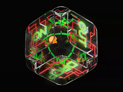 Liquid Crypto Cube acid cryptoart cube cyberpunk gamecube glass glow labyrinth loop neon light nft nftart pusle rarible refraction rotation sphere spinning typography warp