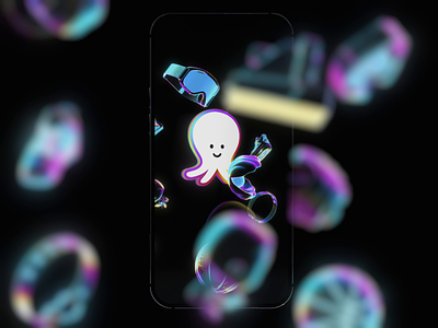 Octi splash screen 3d blur bokeh cinema4d glow goggles iphone loop mobile neon nft nftart nike octopus polaroid render twist