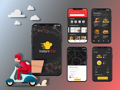 InstantEat - Food Delivery Application UI Mockup animation app application branding delivery app design food food delivery foodie graphic design graphic designer illustration logo typography ui uiux ux vector web