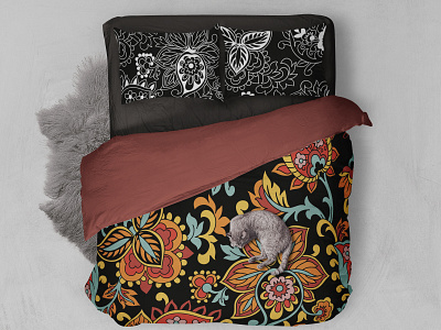 Traditional kalamkari pattern on bed linen design illustration oriental textile