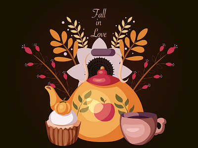 Fall in love with tea branding cake digital art flower illustration holiday illustraion illustration art kids illustration postcard tea thanksgiving vector vector art vector illustration