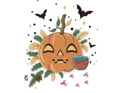 month of pumpkins helloween illustraion illustration art oldschool postcard poster pumpkin tea vector