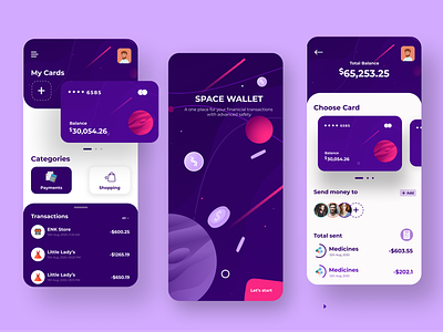 Space Wallet Banking app app app design bank banking app cards components clean minimal onboarding credit cards creditcard dashboard finance financial fintech fintech app illustration space interaction design mobile ui ux money transaction payments transfer money user interface experience wallet startup
