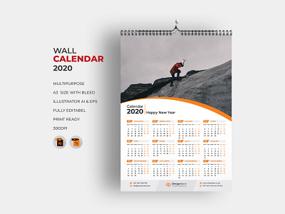 One Page Wall Calendar 2020 1 page calendar 2020 calendar design branding calendar calendar 2020 calendar template corporate creative creative calendar desk calendar desk calendar 2020 marketing minimalist modern calendar one page calendar professional wall calendar