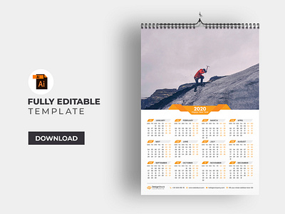 One Page Wall Calendar 2020 wall calendar blue branding calendar 2020 calender corporate corporate calendar creative creative calendar marketing multiple purpose new year office professional stationery unique calendar wall wall calendar 2020 year planner