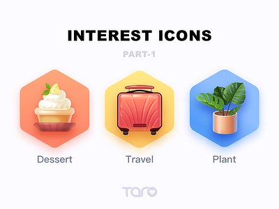 Interest Icons 1 app colorful cupcake dessert flat food graphic design icon illustration luggage monstera plant travel ui vector