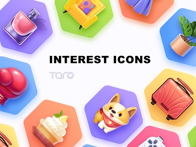 Interest Icons collection app beauty boxing collection colorful dog flat icon illustration luggage monstera perfume plant sofa travel ui vector