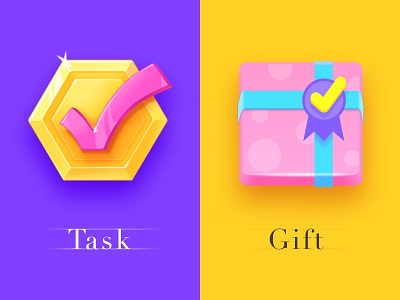 Two task icons 3d app check colorful flat game gift icon icon artwork jackpot lottery mission pink slot task win yellow