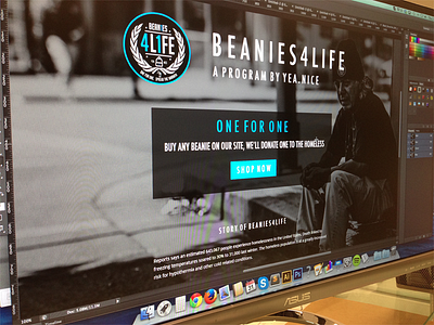 Beanies4Life banner ad charity clothing cyan hats landing page monochrome non profit one for one promotional yeanice