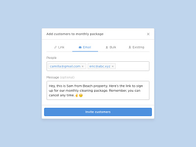 Invite customers in GoCardless dashboard input modal tabs tags ui