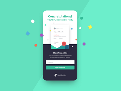 Claim Credential blockchain certificates confetti credentials digital badges digital certificates landing page mobile ui