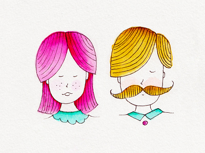 Mr. & Mrs. boy custom family girl hand drawn illustration line man mustache primary watercolor woman