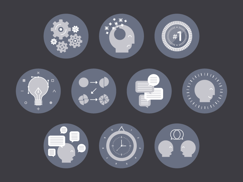 The Creative Process clock communication creativity design gears head icons illustration inspiration speech bubble time vector