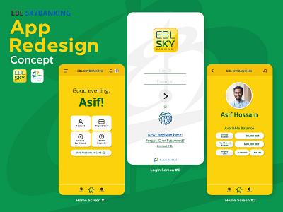 App Redesign Concept - EBL SKYBANKING android android app app app design bangladesh banking app ebl home screen login screen redesign redesign concept redesigned skybanking ui uiux ux