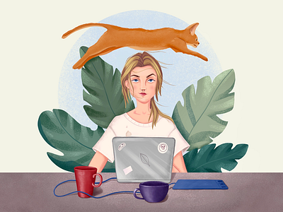 My working day art cartoon cat cup designer dots emotions girl home illustration laptop lifestyle plant portrait remote work self isolation self portrait stayhome work workspace