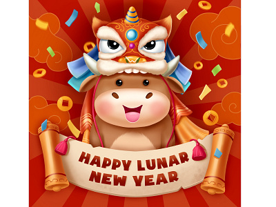 Happy lunar new year! art bull cartoon china chinese new year dragon holiday illustration lunar new year new year red