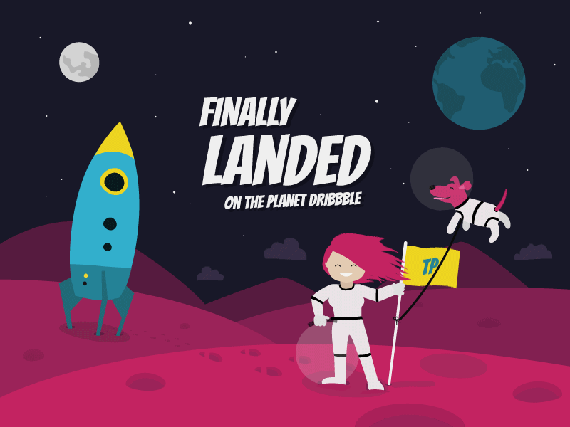 Thank you animation debut dog dribbble first shot gif illustration invite planet space thank you