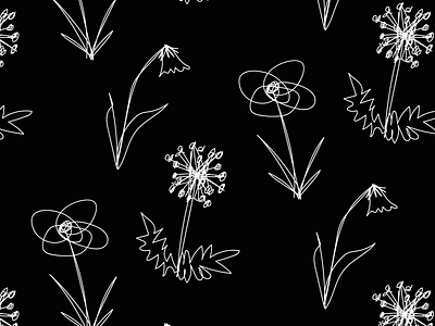 Dainty in the Dark adobe adobe illustrator black and white bluebells dandelions design digital drawing flora floral flowers illustration ink line lineart pattern pencil poppy repeating scribbles
