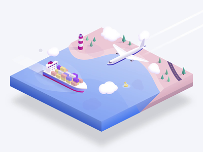 Shipping diorama aircraft animation boat coast delivery illustration isometric landscape plane principle ship shipping sketch