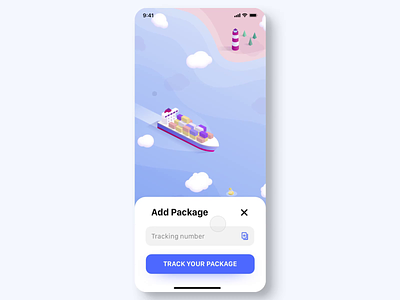 Package tracking app animation app card delivery input isometric loading package parallax plane principle sea ship skech tracking ui