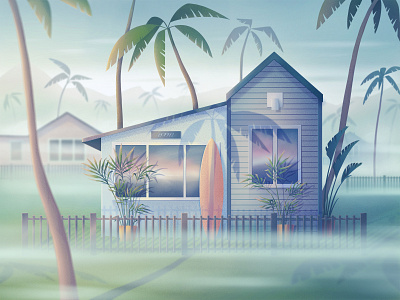 Foggy morning architecture house illustration morning nature palmtree procreate