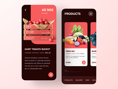Vegetables Delivery App app clean dark ecommerce food fruits ios market minimal mobile product red season tomato vegetables