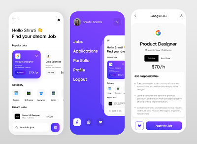 Job Finder App dribbble figma mobile purple shrutiuiux uidesign ux